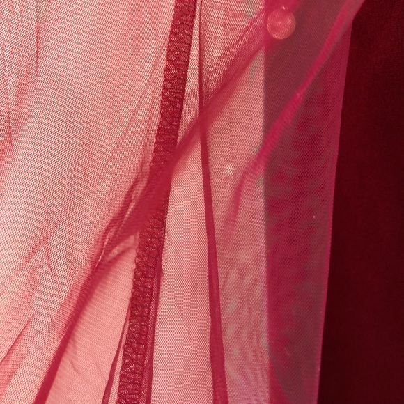 Burgundy Red Mesh White Pearl Long Sleeve Dress - Picture 11 of 13